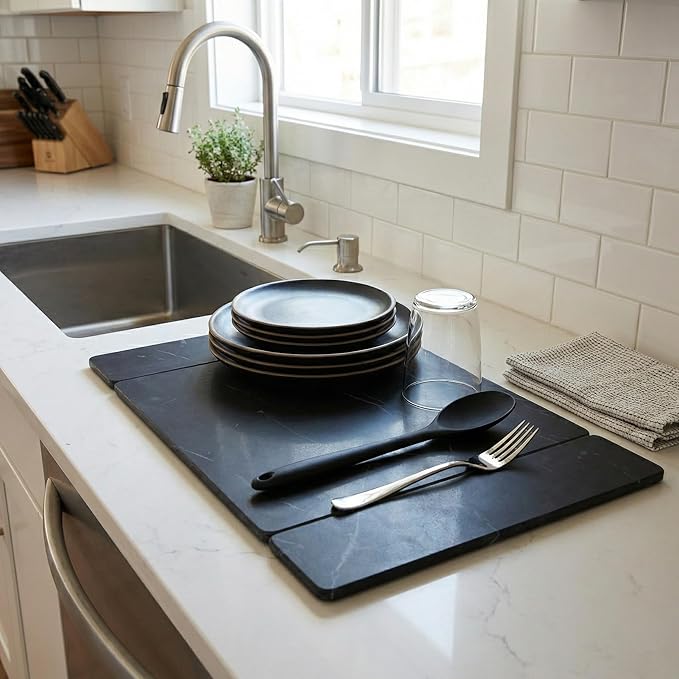 Selegna Collapsible Stone Drying Mat for Kitchen Counter – Tri-Panel Dish Drying Mat Made from Diatomaceous Earth | Quick Dry Diatomite Mat for Sink, Countertop & Dishes (Charcoal)