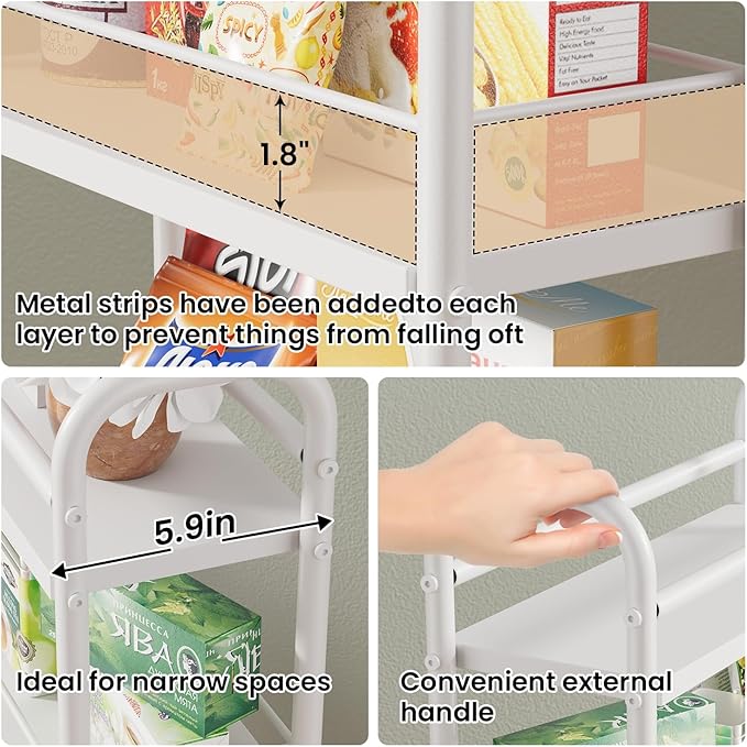 Asgolion Slim Storage Cart, 4-Tier Small Rolling Cart with Wheels, 5.9" Deep, Narrow Bathroom Shelf Trolley for Kitchen, Bathroom, Laundry Room, White Standard 4-Tier (5.9" W x 33.6" H)