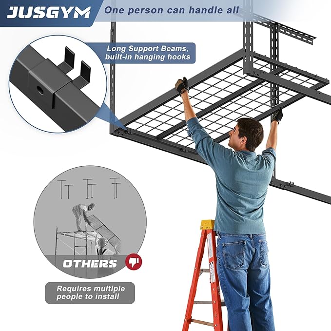 Jusgym 3X6FT Overhead Garage Storage Rack, 26"-40" Height Adjustable Garage Ceiling Storage Racks, Heavy Duty Metal Overhead Storage Organizer System, 450LBS Weight Capacity