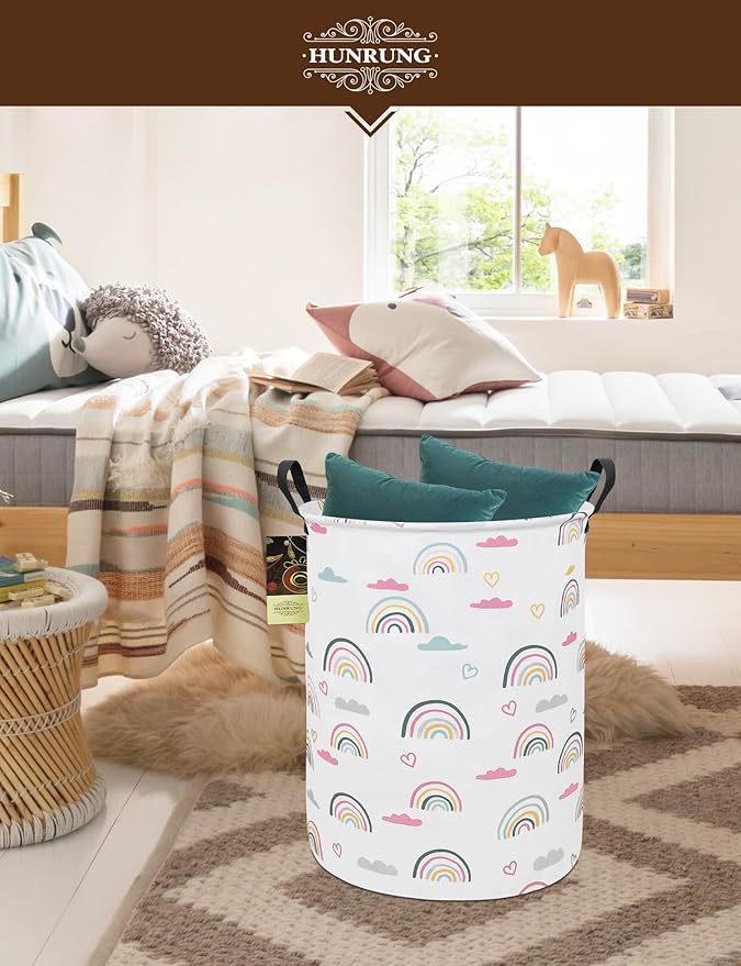 HUNRUNG Collapsible Fabric Storage Basket, Waterproof Laundry Hamper with Handles, Round Storage Bin for Clothes Toys, Foldable Organizer for Bedroom Nursery Bathroom(Round-Rainbow)