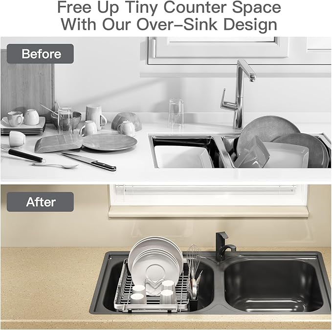 MAJALiS Dish Drying Rack Over The Sink, Expandable Stainless Steel Dish Drainer for Small Kitchen Counter Space Saving, RV Compact Plate Strainer In Silver Metal with Hanging Adjustable Utensil Holder