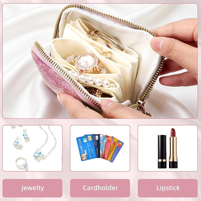 Travel Jewelry Case Small Soft Velvet Organizer Pouch Storage Bag Mini Jewelry Bag for Gemstones Bracelets Healing Crystal Earring Necklaces Pink