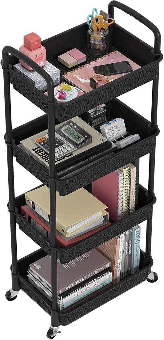 MOYIPIN 4-Tier Plastic Rolling Utility Cart with Handle, Utility Storage Cart for Office, Living Room, Kitchen, Movable Storage Organizer Shelves, Black
