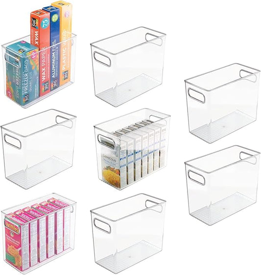mDesign Plastic Tall Food Storage Organization Container Bin with Handles for Kitchen, Pantry, Cabinet, Fridge/Freezer, Countertop - Organizer for Snacks/Appliances, Ligne Collection, 8 Pack, Clear