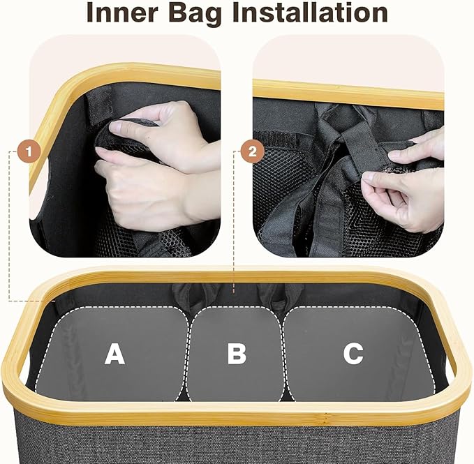 Hampers for Laundry Basket with Lid, 160L Extra Large 3 Section Clothes Divided Organizer for Bedroom, Laundry Room, Dirty Clothing Hamper, Black