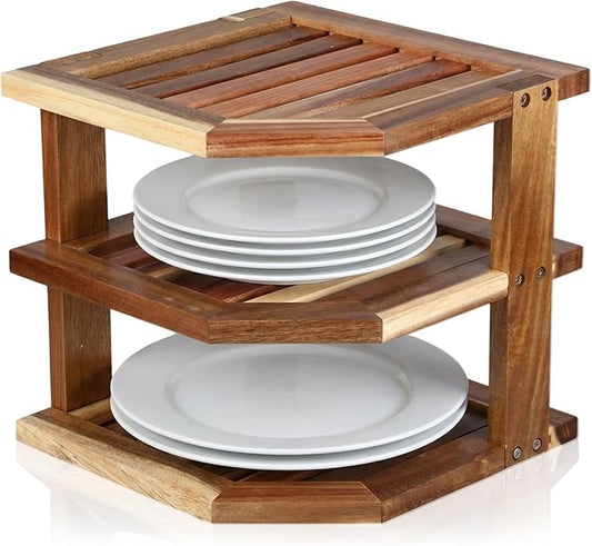 Mifoci 3 Tier Acacia Wood Corner Shelf Organizer for Kitchen Counter & Cabinet, Solid Wood Corner Rack Space Organizer for Plates, Dishes, Bowls, Cups, Pantry Storage, 9.5" x 10", Hardware Included