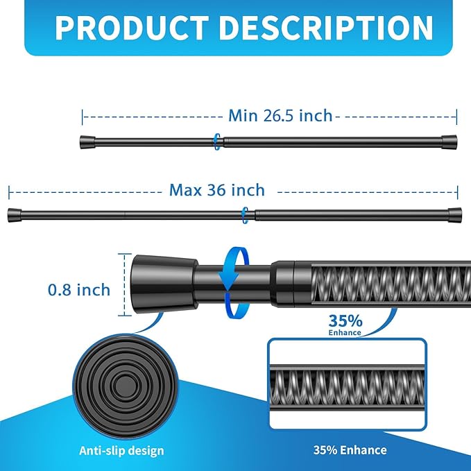 AIZESI 4 Pack Tension Rods for Windows 26.5 to 36 inch, Adjustable Expandable Pressure Spring Curtain Rods No Drilling, Curtain Rods for Kitchen Curtains, Closet, Door, Black