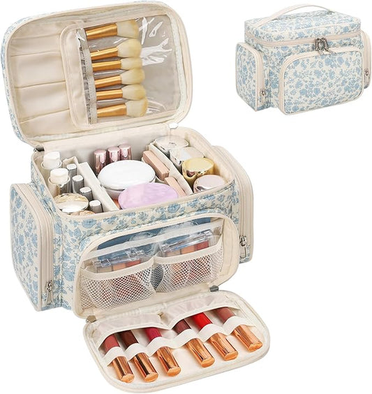 Bagmoly Large Cotton Makeup Bag, Quilted Floral Makeup Bag Organizer for Women Girls with Makeup Brush Compartment & Two Side Pockets, Cosmetic Travel Bag Vertical Storage- Blue Flower
