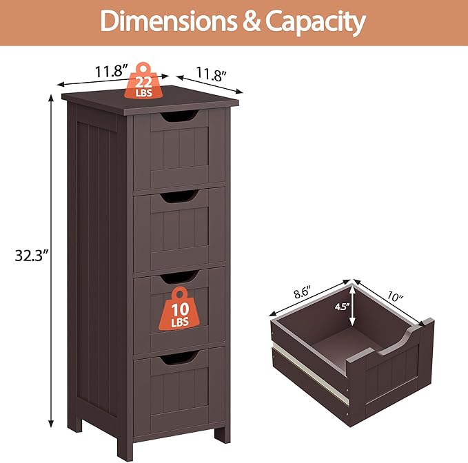 SUPER DEAL Small Bathroom Storage Cabinet with 4 Drawers, Freestanding Narrow Wooden Side Storage Organizer for Bathroom Hallway Living Room, Brown