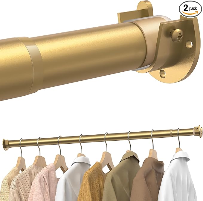 Supforce 2 Pack Closet Rods for Hanging Clothes, 17 to 54 Inches Stepless Adjustable Metal Closet Rod, 1.3 Inches Heavy Duty Clothes Hanging Rod for Closet Wardrobes Laundry RV, Golden