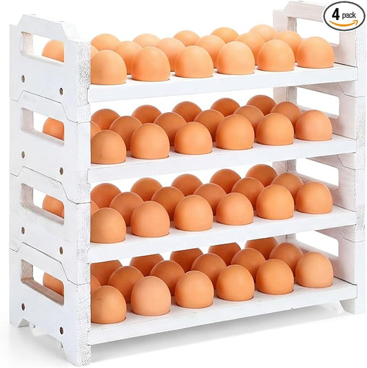Reallnaive 4 Tier Wooden Egg Holder for Countertop, Stackable Fresh Egg Storage Farmhouse Collecting Rack for Gathering Kitchen Organizer Duck Eggs Display, Stackable with 72 Eggs (White,Pine)