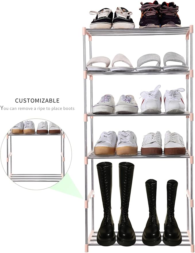 Jucaifu Stackable Small Shoe Rack, Entryway, Hallway and Closet Space Saving Storage and Organization (3-Tier, Pink)
