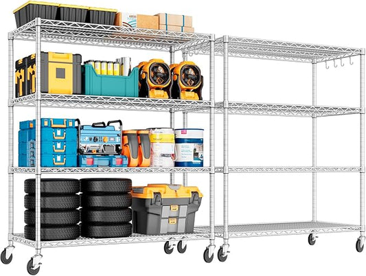 PrimeZone 4 Tier 55.5" Wx24 Dx76 H Wire Shelving with Wheels 2400lbs NSF Certified Storage Shelves Heavy Duty Metal Shelf Adjustable Rolling Rack Commercial Garage Restaurant Warehouse Chrome 2Pack