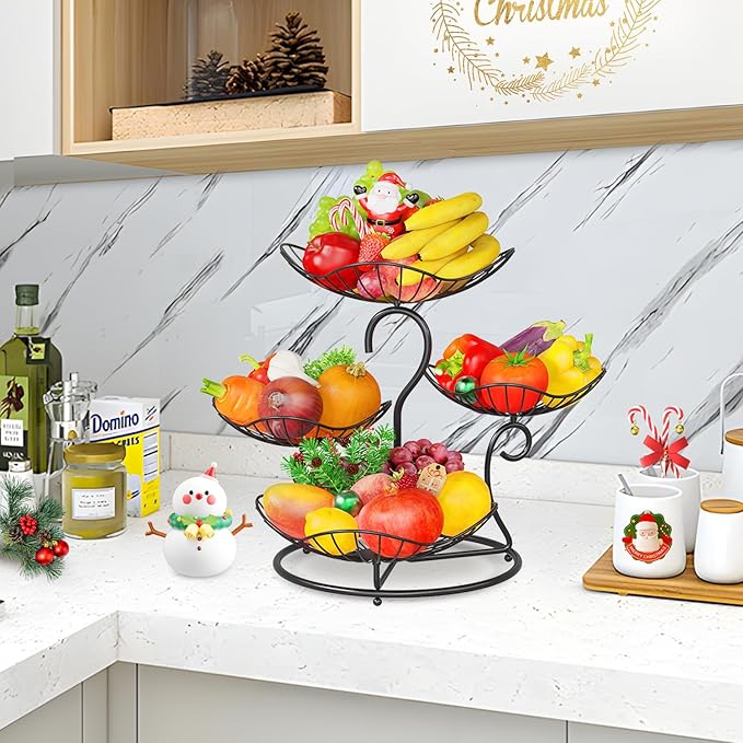 PouHenier.jh 4 Tier Fruit Basket Stand for Counter, Kitchen Tiered Fruit Bowl Organizer for Dining Table Countertop, Multi Level Fresh Produce and Vegetable Holder Rack, Sturdy Metal Wire, Black