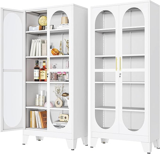 PAOFIN 71" H Locking Display Cabinet with Glass Door, Metal Curio Cabinets with 4 Adjustable Shelves, Tall Liquor Cabinet Display Case for Living Room, Collectibles, Home - Assembly Required White