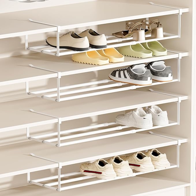 Expandable Hanging Shoe Rack Organizer for Closet, Adjustable Shoe Rack Under Cabinet Shelf, Versatile Under Shelf Storage for Kitchen, Book, Clothing Storage and Organization(White,4PCS)