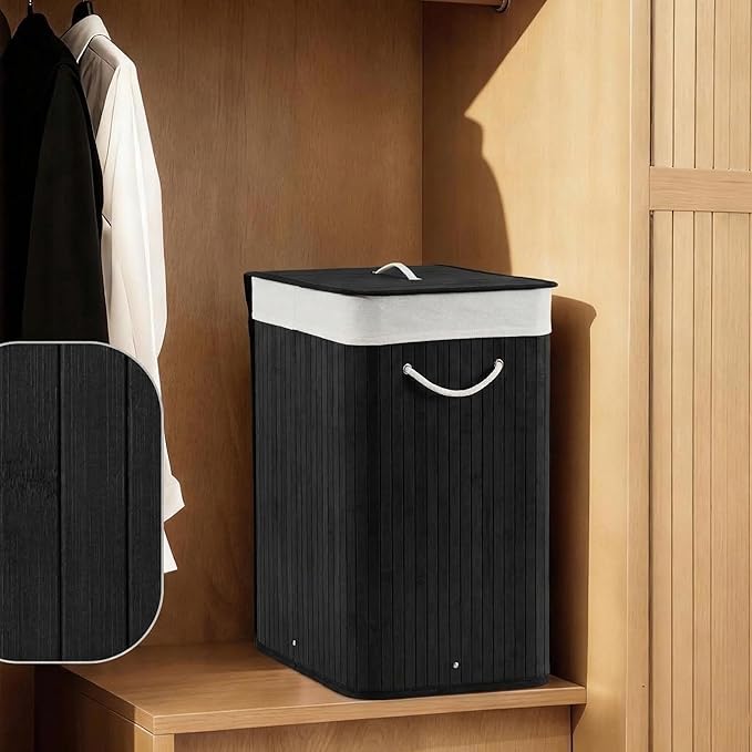 GarveeHome Folding Bamboo Laundry Hamper with Lid, 27.5 Gallon Wooden Laundry Basket with Washable Liner Bag, Slim Clothes Storage Hamper for Small Bedrooms Apartments Dorms (Black - Rectangle)