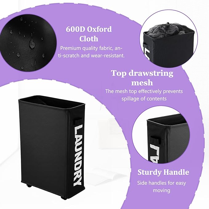 Black Rolling Laundry Hamper, Slim Laundry Basket with Wheels for Small Spaces, 42L Tall Narrow Dirty Clothes Hamper, Collapsible Laundry Bin for Bedroom Dorm Laundry Room