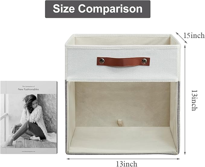 Bagnizer Storage Cubes, 4 Pack Linen Foldable Storage Bins with Clear Window and 2 Handles, 13x15x13 Storage Cube Bins for Shelf Closet, Kallax, Clothes, Books - (Gray and White)