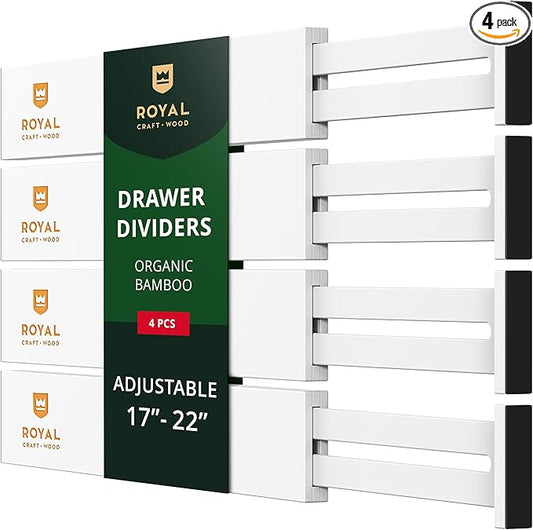 Bamboo Drawer Dividers Organizers, Adjustable Drawer Separator Splitters, 17–22 Inches Expandable Drawer Divider Organizer for Large Utensils, Kitchen, Bedroom, Dresser & Office Drawers 4-Pack, White
