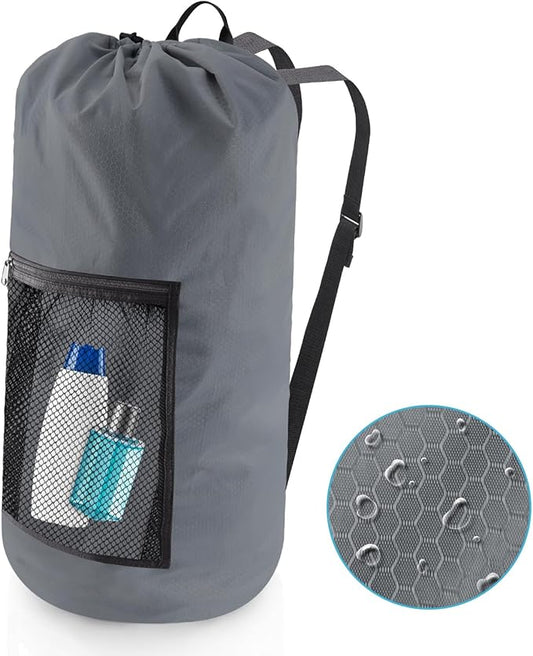 Olosar Laundry Bag Backpack, Extra Large Travel Laundry Bag with Mesh Pocket & Adjustable Shoulder Straps,Dirty Clothes Travel Bag for College Students Dorm,Apartment(Grey)