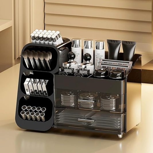 Makeup Organizer with Drawers,Large Capacity Countertop Organizer for Vanity,Bathroom and Bedroom Desk Cosmetics Organizer,Easy To Storage Skincare,Brushes,Lotions,Lipstick (Black)