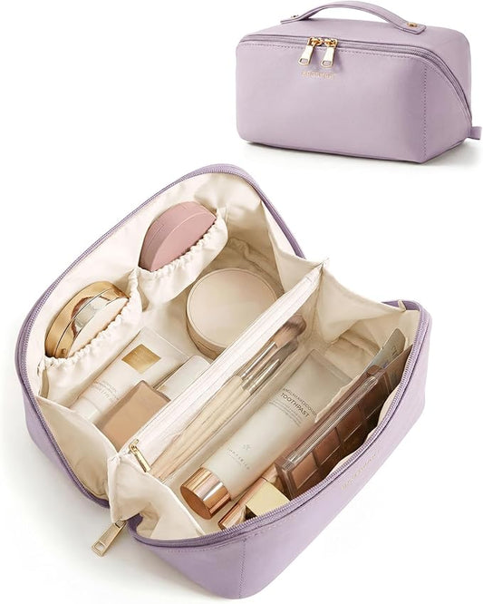 BAGSMART Makeup Bag Travel Cosmetic Bag, Large Make Up Bag Flat Open Toiletry Bag for Women, PU Leather Travel Essentials Organizer Case, Wide-open Pouch Purse for Skincare, Brushes, Blush Purple
