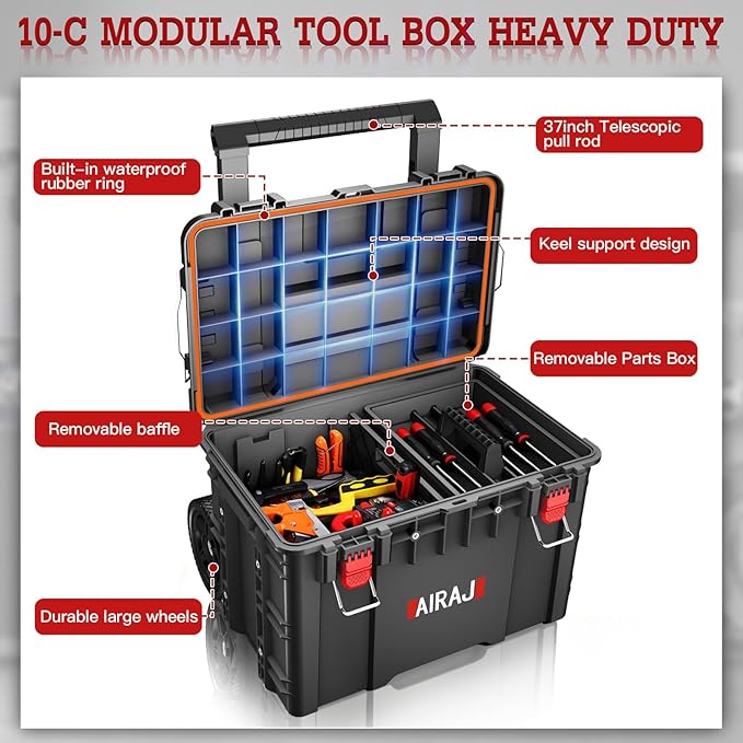 3 Tier Rolling Tool Box Heavy Duty,Stackable Tool Box with Wheels,Modular Storage System with Removable Parts Box,All-terrain Waterproof Toolbox,Telescopic Pull Rod,for Professional Work,Garage