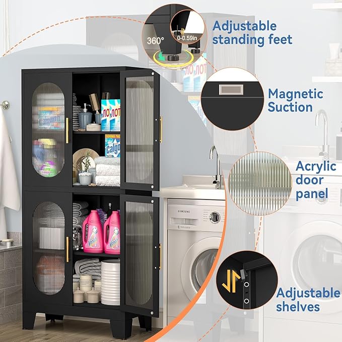 GAIOUS Black Kitchen Pantry Cabinet, Pantry Storage Cabinet with Acrylic Glass Doors and Adjustable Shelves, Tall Versatile Storage for Kitchen, Dining Room, Home Office and Bedroom