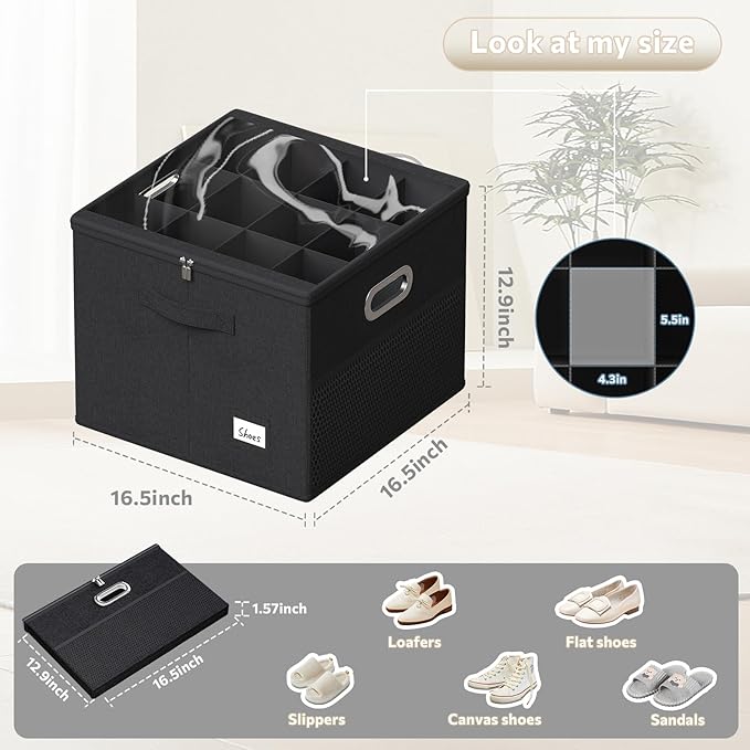 FHSQX Shoe Organizer for Closet,Fits 12 Pair,Shoe Storage Bins with Clear Cover & Adjustable Dividers for Shoes,Shoe Box Storage for Handbags,Blankets,Linen,Clothing (Black, (16.5 * 16.5 * 13) x1)