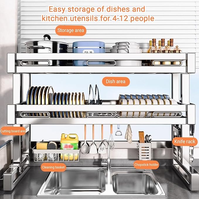 Over The Sink Dish Drying Rack 2 Tier 304 Stainless Steel Multiple Kitchen Dishware Storage Counter Organization Space-Saving with Suction Cup for Plates Bowl(76cm/29.9in)