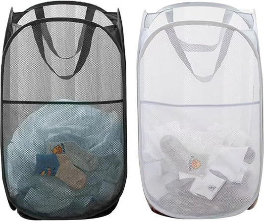 Pack of 2 Pop Up Mesh Laundry Hamper for Cruise, Collapsible Laundry Basket Space Saving, Large Side Pocket, Easy to Carry Handles