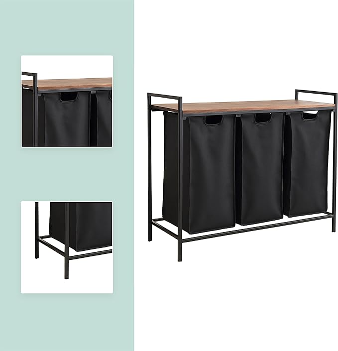 Relaxdays sorter with 3 Removable Laundry Bags, with Shelf, HWD 72x92.5x33 cm, Metal Basket, Brown/Black, Iron, Fibreboard, Polyester, 72 x 92.5 x 33 cm