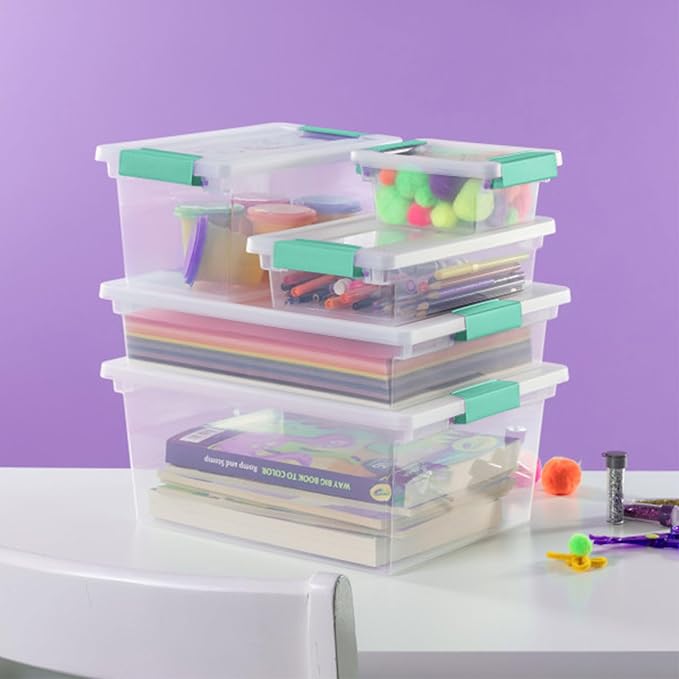 Sterilite Large Clip Box, Stackable Small Storage Bin with Latching Lid, Plastic Container to Organize Paper, Office, Clear Base and Lid, 18-Pack