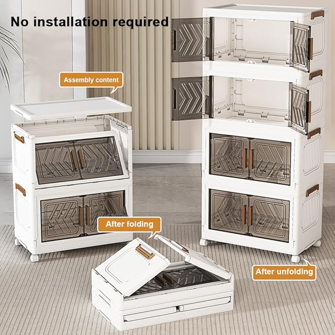 4 Tier Stackable Storage Bins with Lids, 21QT Plastic Stackable Storage Bins, Foldable Storage Bins with Wheels & Doors, Storage Cabinet for Bedroom, Living Room,Office