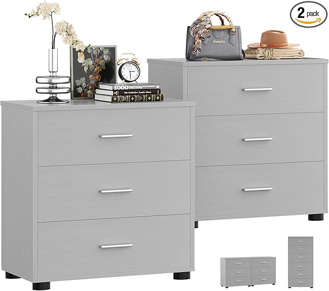 Aheaplus Closet Drawers Set of 2, Wood Closet Organizers and Storage with 3 Drawers, Closet Drawers Organizer System, Nightstands Bedside End Table with 3 Drawers Storage for Bedroom, Grey