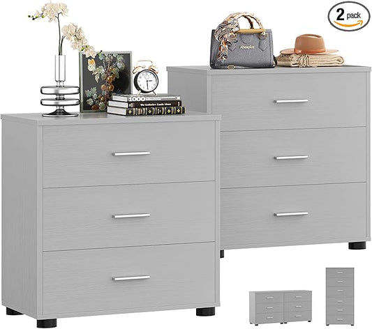 Aheaplus Closet Drawers Set of 2, Wood Closet Organizers and Storage with 3 Drawers, Closet Drawers Organizer System, Nightstands Bedside End Table with 3 Drawers Storage for Bedroom, Grey