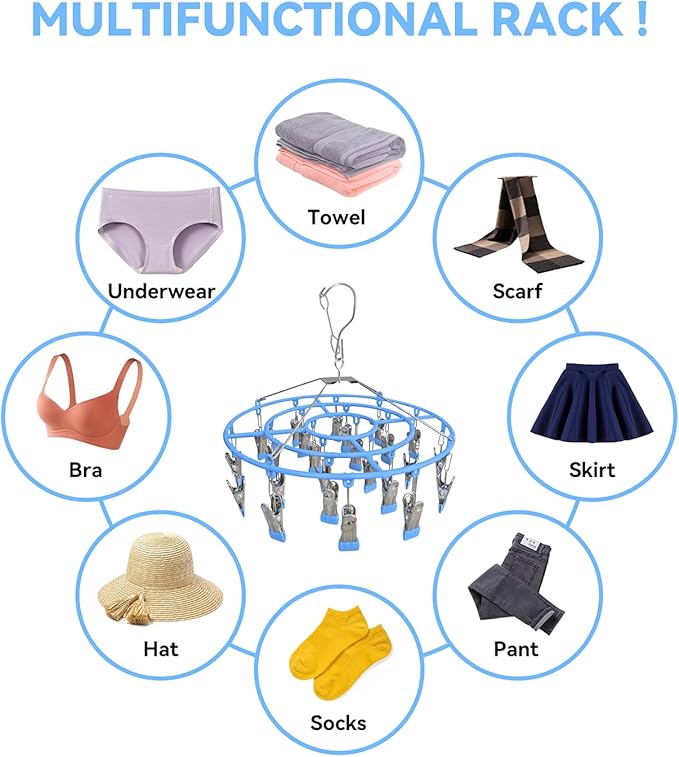 Funamily Clothes Drying Rack,Stainless Steel Laundry Drip Hanger with 24 Clips, Heavy Duty Round Swivel Windproof Hook Underwear Hanger for Drying Towel, Bras, Sock,Lingerie, Baby Clothes (Blue)