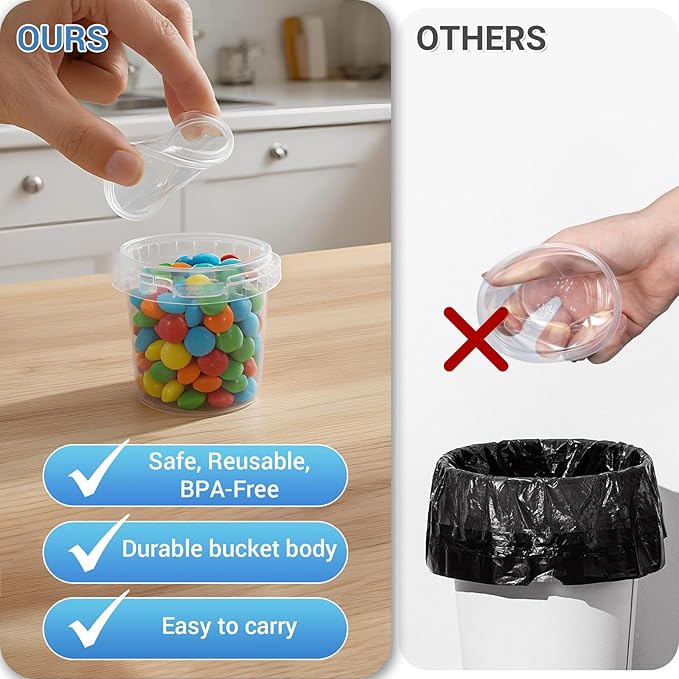 ASEVAT Airtight Clear Plastic Bucket with Lid, Ice Buckets for Parties, Reusable Ice Cream Tub with Handle, Food Storage Container, Food Grade Freezer and Microwave Safe for Sauce, Soup (5 OZ/6 PACK)