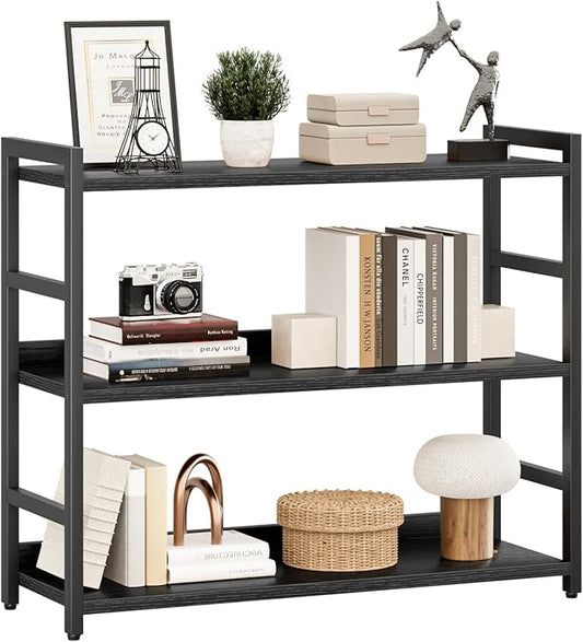 NUMENN Wide Bookshelf, 3 Tier Bookshelves, Home Office Bookcase Shelf Storage Organizer, Free Standing Storage Shelving Unit for Bedroom, Living Room and Home Office, Black