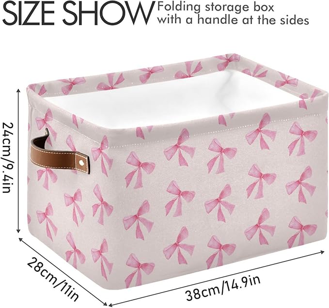 xigua Pink Bow Storage Basket Collapsible Storage Bins Waterproof Canvas Storage Basket with Leather Handles for Home Closets Offices,Bedrooms,Gift Baskets,1PCS