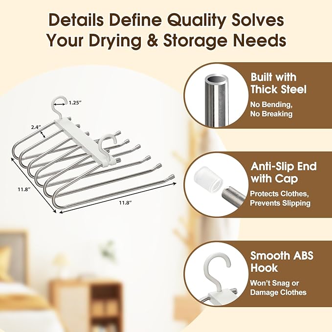 Space Saving Pants Hanger 6 Tier - Stainless Steel No Slip Multi Trouser Rack for Jeans, Slacks, Scarves - Vertical Folding Closet Organizer Saver for Men Women, 2 Pack