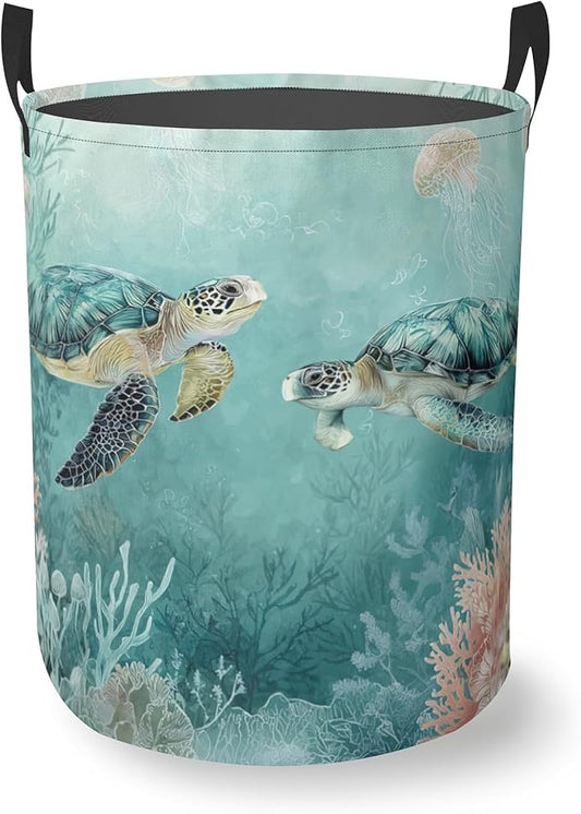 Laundry Hamper Foldable Oxford Cloth Turtle Beach Palm Trees Laundry Basket With Handle Portable Clothes Storage Organizer Basket Storage Bag For Laundry Room/Bedroom/Bathroom