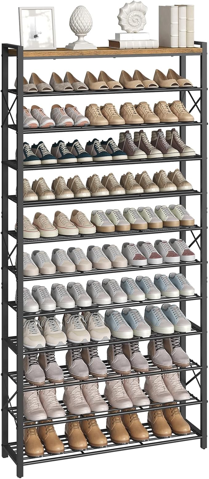 YATINEY 12-Tier Shoe Rack, 39.4" L Shoe Shelf for 54-60 Pairs of Shoes, Tall Shoe Storage Organizer with Metal Frame, Large Capacity Shoes Rack for Entryway, Closet, Rustic Brown and Black SS40BR