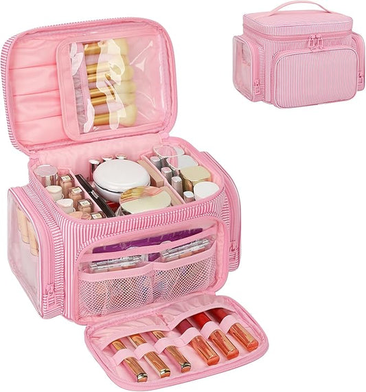 Large Makeup Bag, Portable Travel Makeup Bag Organizer for Women Girls with Makeup Brush Compartment & Two Side Pockets, Cosmetic Travel Bag Vertical Storage Toiletry Bag - Pink Stripe