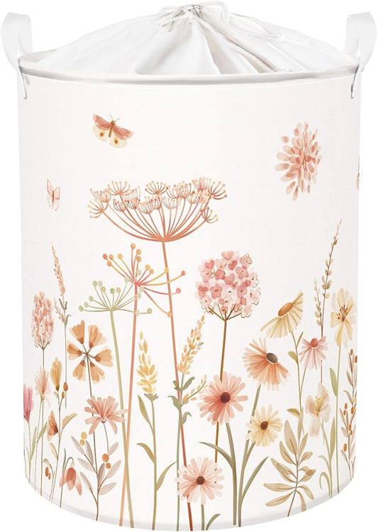 Clastyle 63L Large Boho Flower Plants Kid Laundry Hamper with Handle Girl Bedroom Bathroom Nursery Collapsible Clothes Toy Storage Basket with Lid