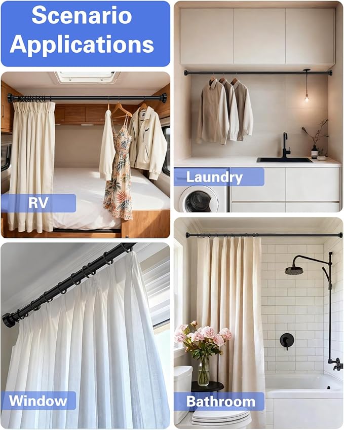 Supforce No Drilling Closet Rods for Hanging Clothes, Non Slip Tension Rod with Heavy Duty Clothes Hanging Rod, 17-84 Inches Adjustable Spring Closet Rod for Closet Wardrobe Bathroom Laundry RV, Black