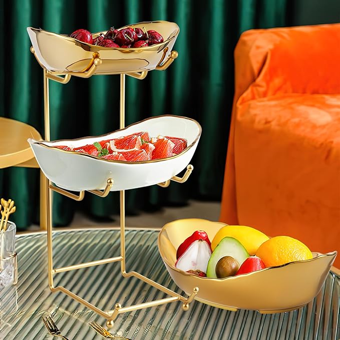 Ceramic Fruit Bowl for Kitchen Counter - 3 Tier Fruit Basket with Metal Stand, Tiered Fruit Stand for Countertop, Snack, Nuts, Cake, Dessert, Small & Cute (Gold & White,Small) 2