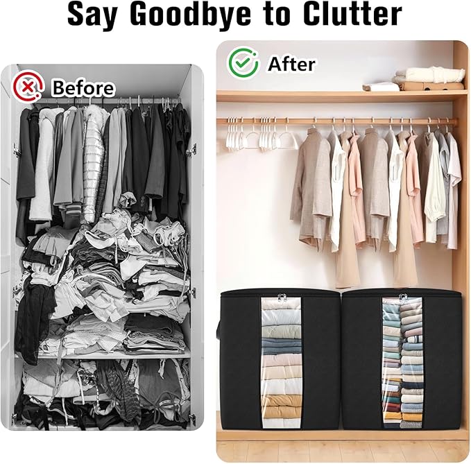 SpaceTrove Clothes Storage Bags, 6-Pack Comforter Blanket Organizers, 80L Large Capacity Containers with Visual Window for Clothing, Quilt, Sheet, Pillow, Closet Organization for Bedding (Black)