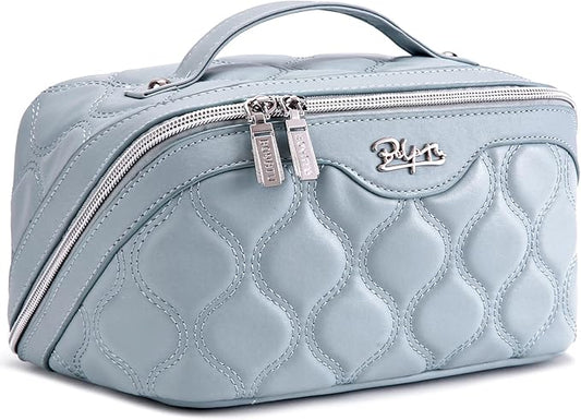 BOYATU Travel Makeup Bags for Women Cosmetic Bag: Puffy Make up Bags Set of 3 - Vegan Leather Makeup Organizer - Waterproof Large Toiletry Bag with Compartments - Travel Essentials (H-4-Blue)
